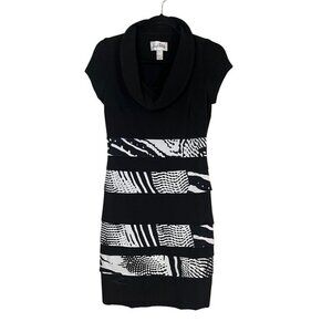 Joseph Ribkoff Animal Print Dress 4 Black Cowl Neck Midi LBD Striped Bodycon 80s